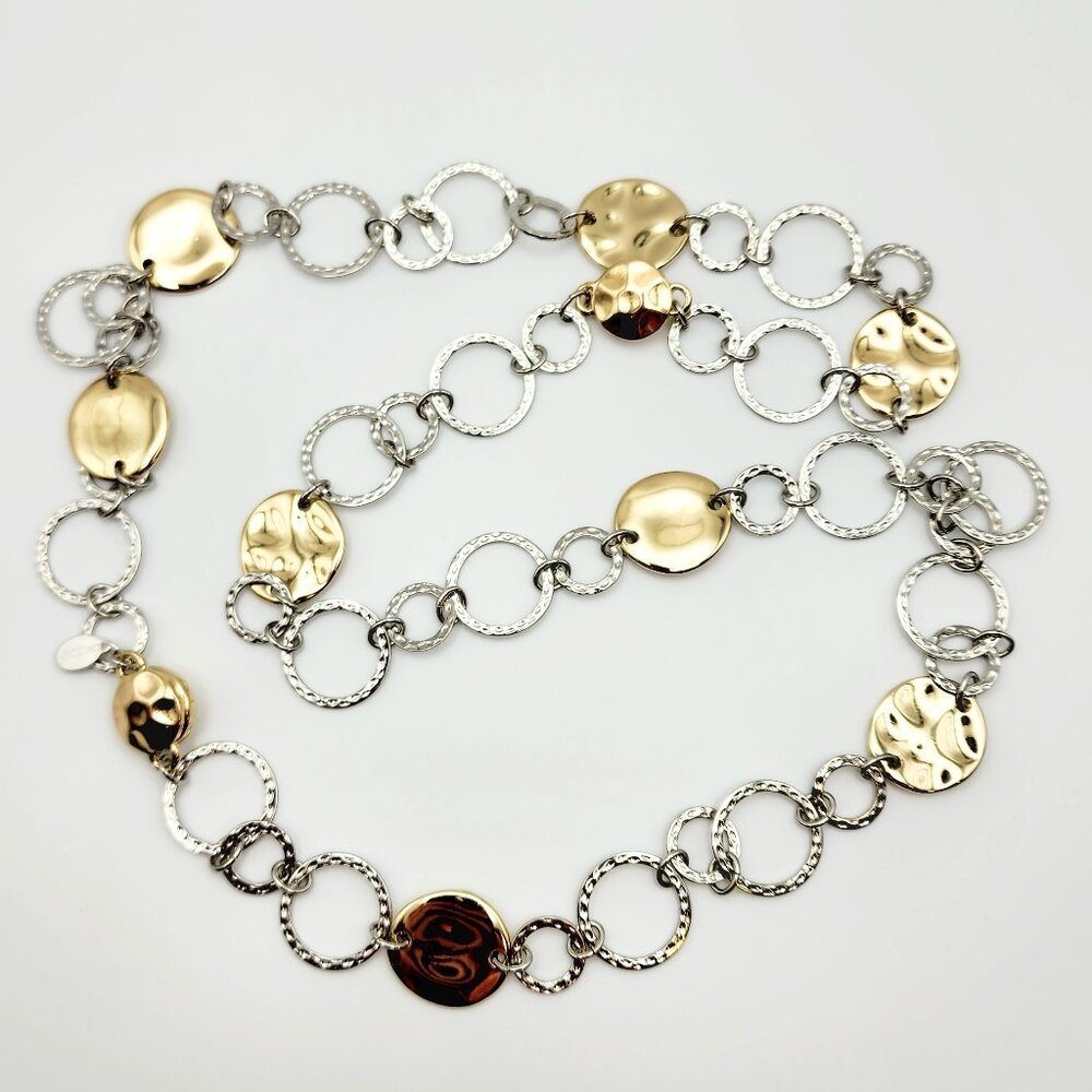 Chico's Long Textured Gold Disc and Silver Link Necklace